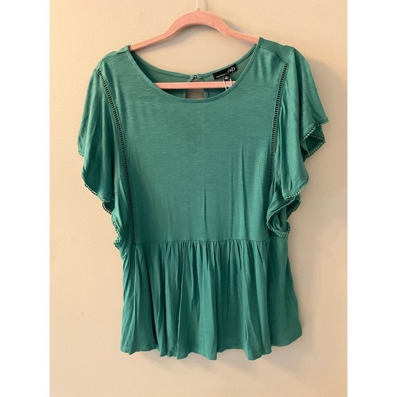 RXB Peplum Blouse Women's M Green Short Ruffle Sleeve Round Neck Rayon Stretch - Picture 1 of 7